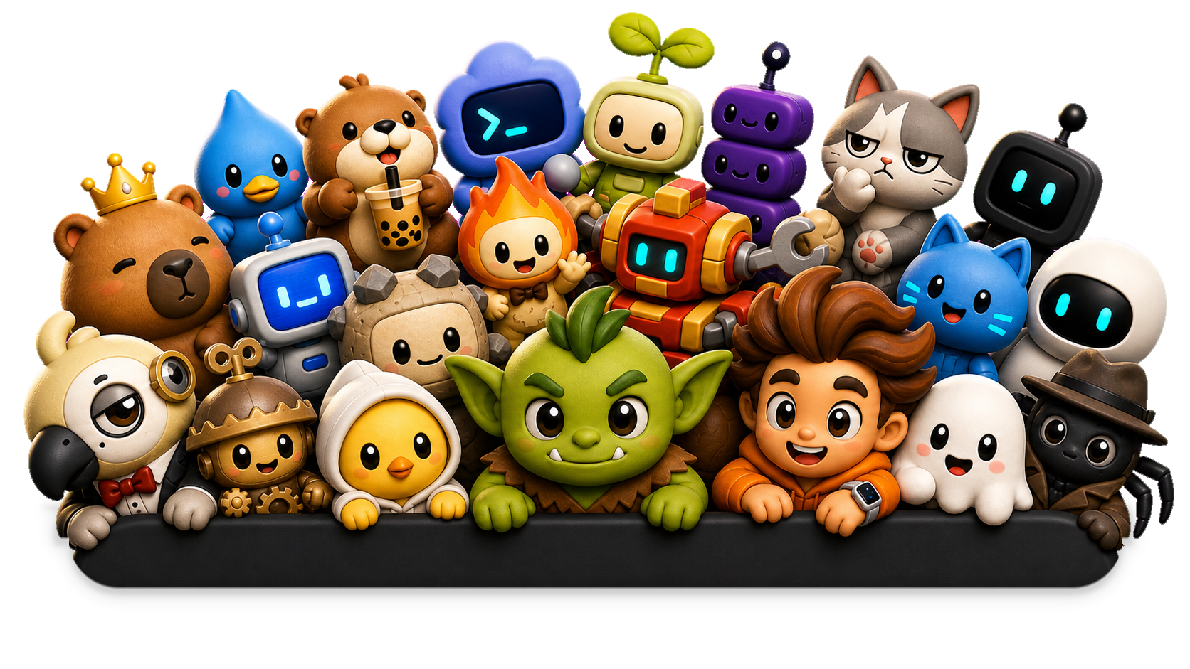 The Codex pets gathered around a bar, with the green goblin in the middle.